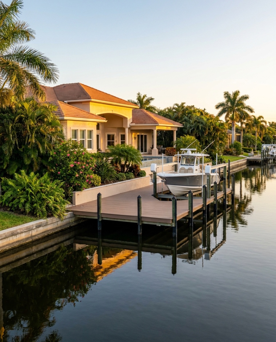 Waterfront estate dock and boat lift in Southwest Florida