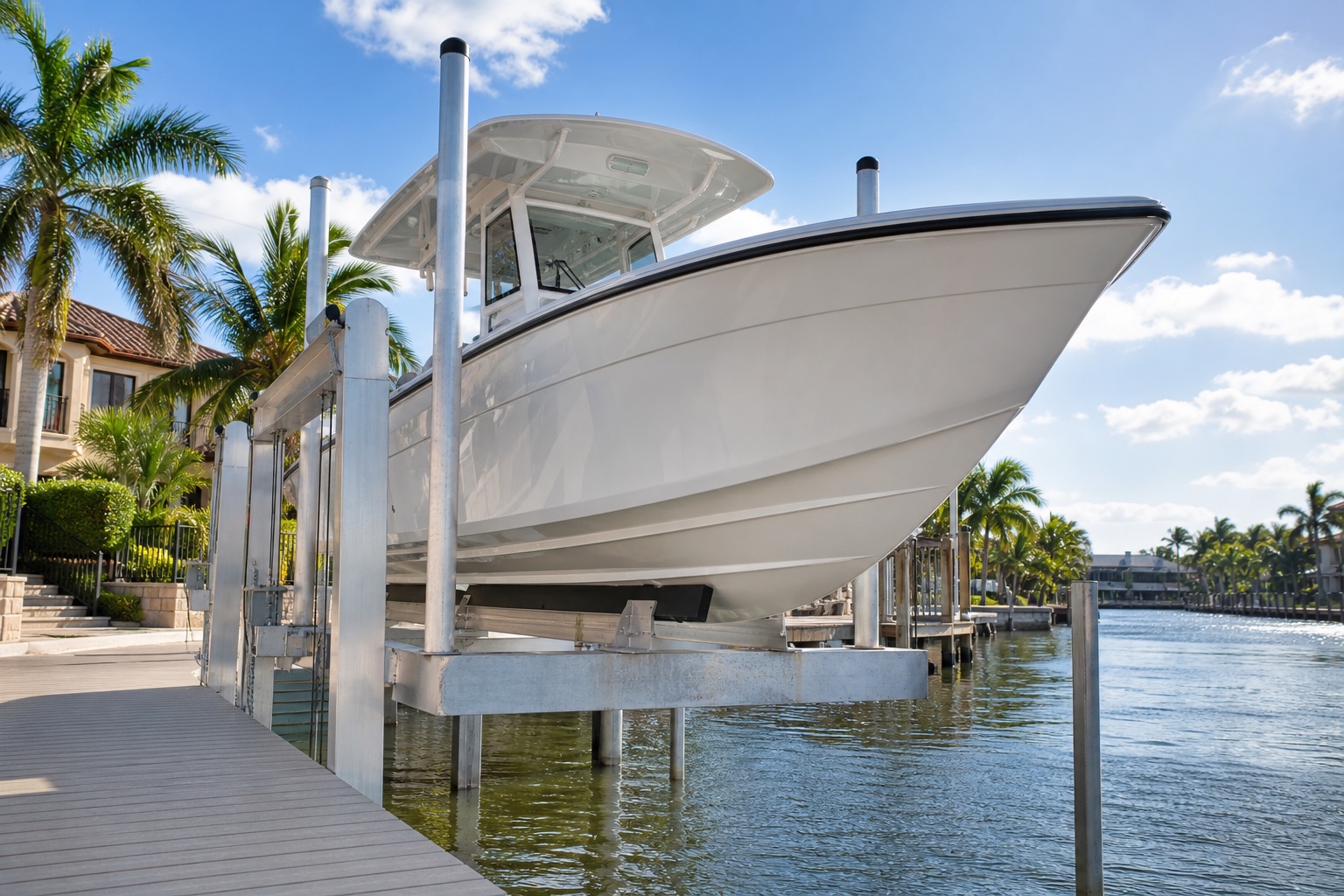 High-capacity boat lift holding a large offshore center-console