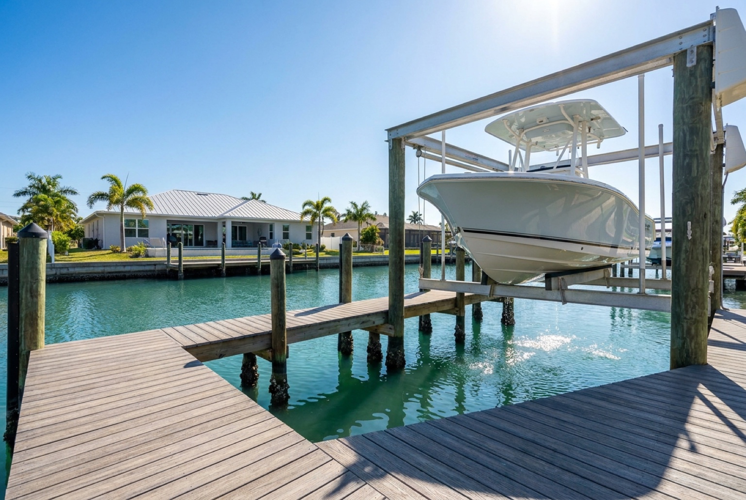 Boat raised out of the water on a Cape Coral boat lift