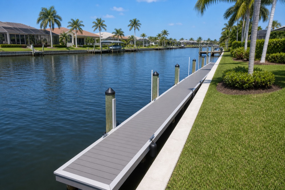 A long gray composite captain's walk running the length of a seawall on a Southwest Florida residential canal, with neighboring homes, docks, and covered boat lifts across the water