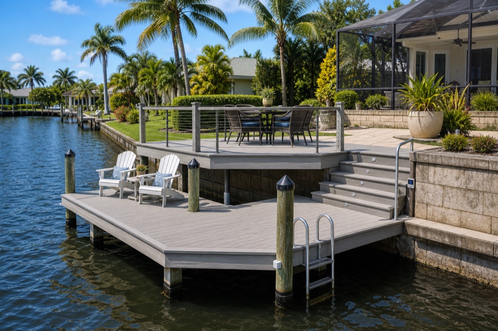 A finished multi-level composite dock and deck with cable railing, chairs, and a swim ladder beside a screened lanai on a Southwest Florida canal, with neighboring homes across the water