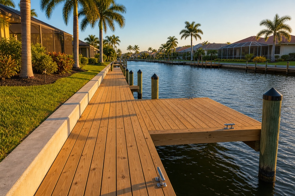 A composite dock walkway and T-shaped platform running alongside a concrete seawall at golden hour, with palms and screened homes along the canal