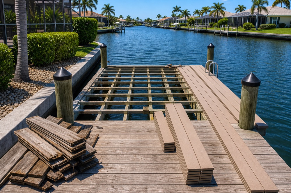 A Southwest Florida canal dock mid-redecking with a section of old gray boards removed to expose the pressure-treated joist grid, the removed weathered boards stacked to one side and new tan composite planks to the other
