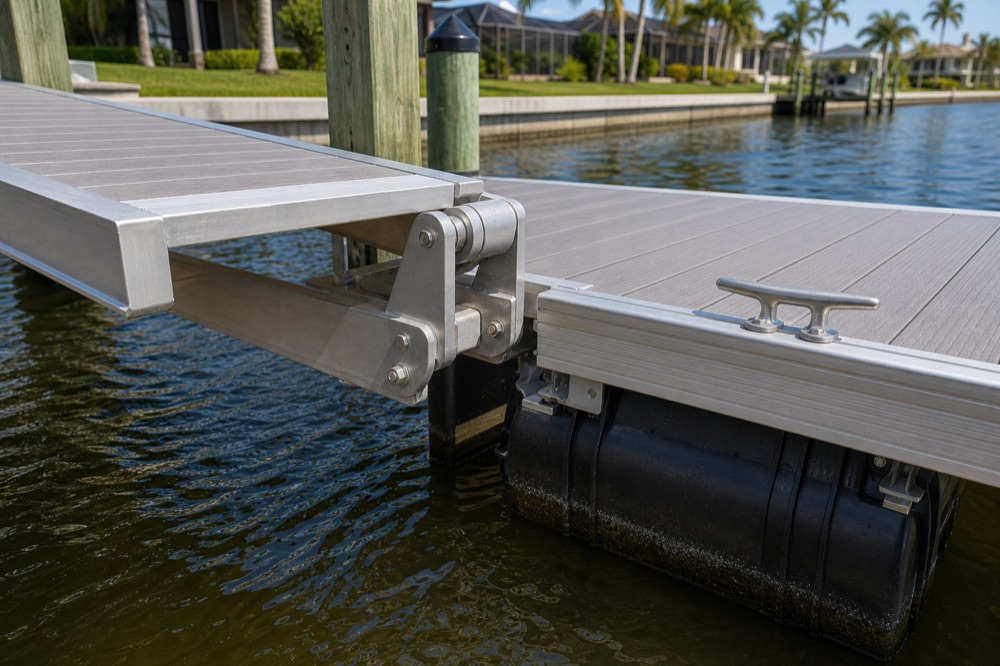Paddle craft beside a Southwest Florida waterfront dock and floating platform