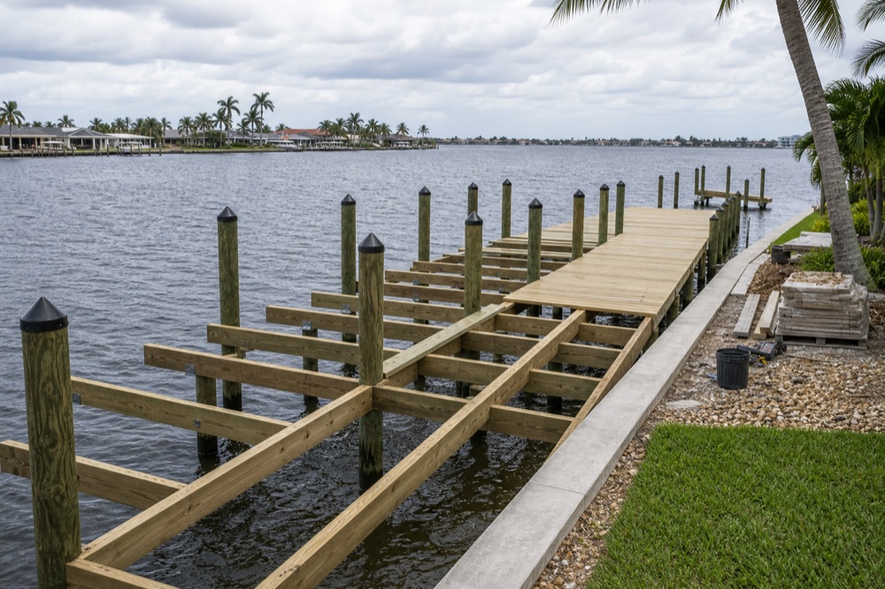 A dock under construction on a Southwest Florida canal: pilings driven and capped, the frame laid out over the water, and the first run of decking installed alongside a concrete seawall