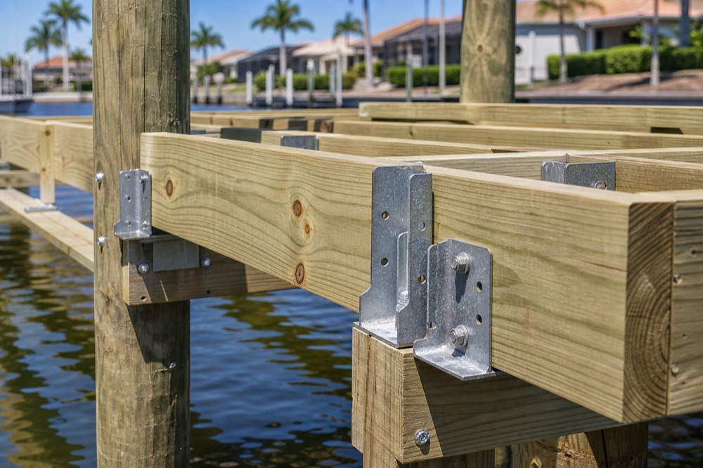 Close-up of pressure-treated dock framing bolted to a piling with galvanized joist hangers above canal water