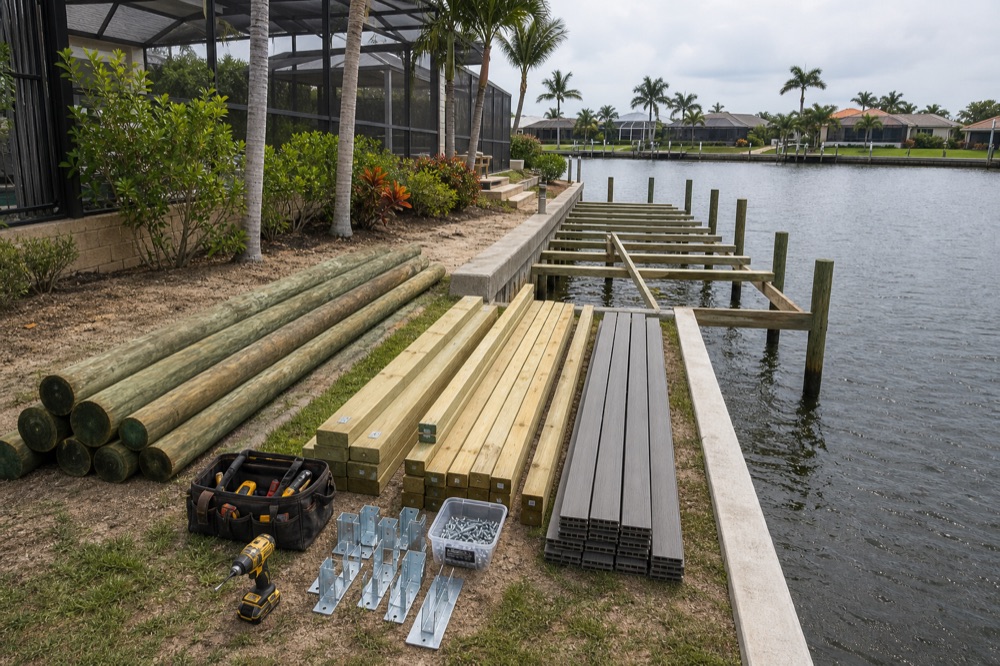Marine construction materials staged on a waterfront lawn: stacked pilings, framing lumber and composite deck boards with brackets and a tool case, beside a concrete seawall where new pilings have been driven