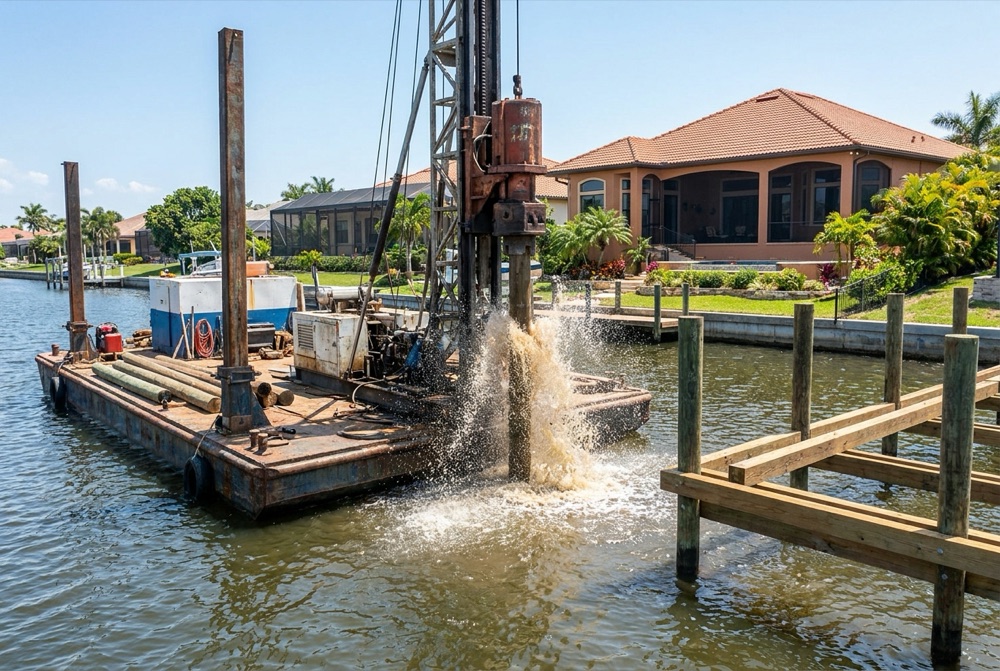 Pile driver on a steel work barge setting a timber piling in a residential canal, water jetting up in a plume beside a part-built dock frame of fresh lumber