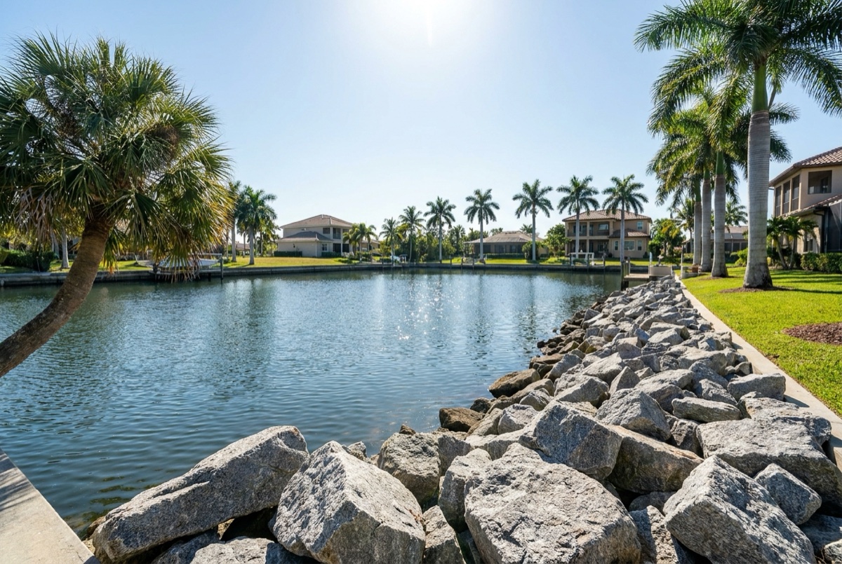Rip-Rap Shoreline in Southwest Florida by Florida Lifts & Docks