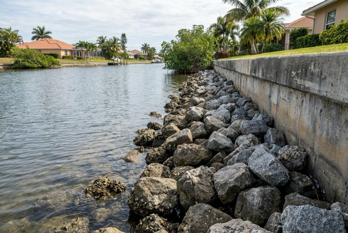 Rip-Rap Shoreline in Southwest Florida — Florida Lifts & Docks