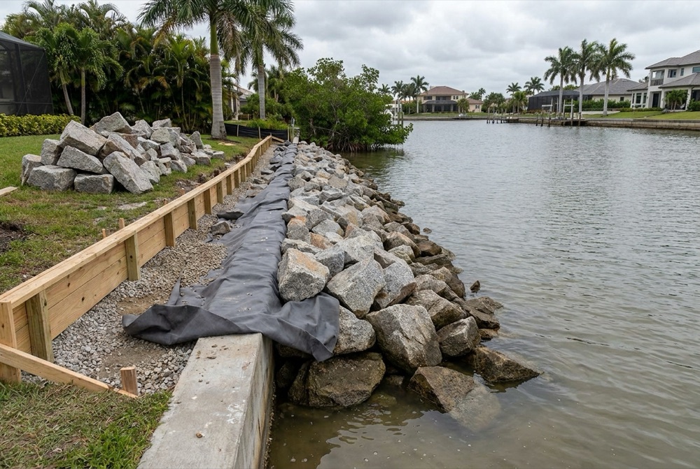 Gray rip-rap boulders set over black filter fabric and gravel beside a new timber retaining wall on a canal bank, with a stone stockpile on the lawn