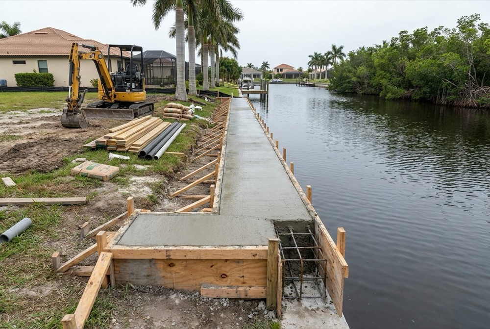 Freshly poured concrete seawall cap held in timber formwork along a canal bank, with exposed rebar, stacked lumber and a compact excavator parked on bare graded ground