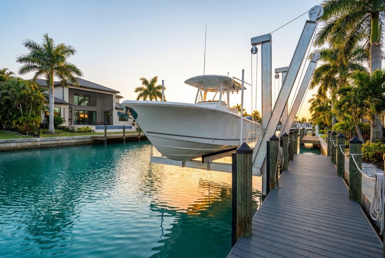 10,000 lb boat lift with a center-console boat raised over a Cape Coral canal at golden hour