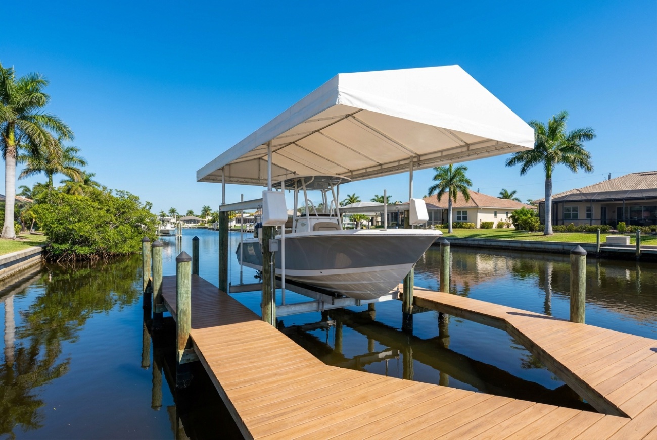 Covered boat lift with a white canopy protecting a center-console boat on a Cape Coral canal