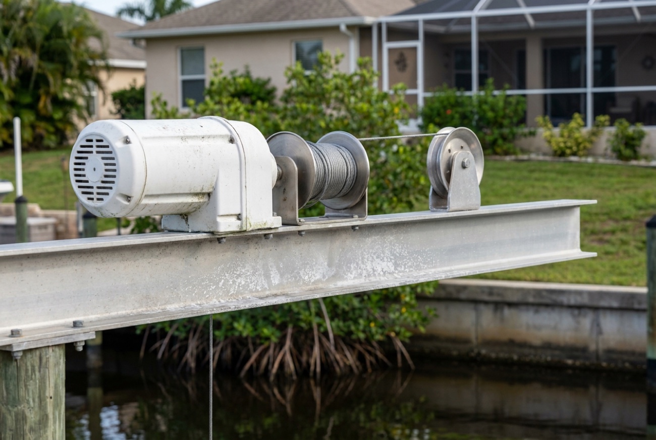Close-up of a marine-grade boat lift drive motor, stainless cable spool and pulley in Cape Coral