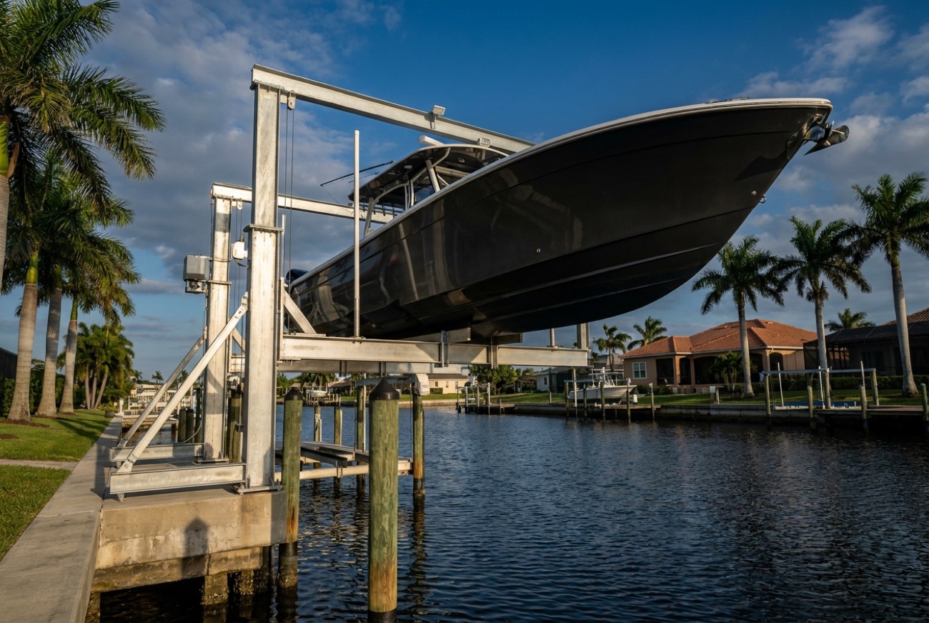 High-capacity 24,000 lb boat lift holding a large offshore center-console boat on a wide Cape Coral waterway