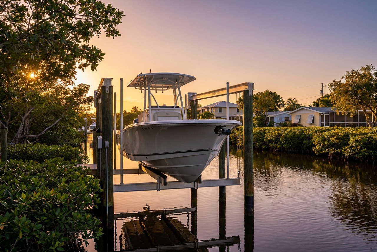 Boat Lifts on Sanibel Island's bayside canals and mangrove shoreline by Florida Lifts & Docks