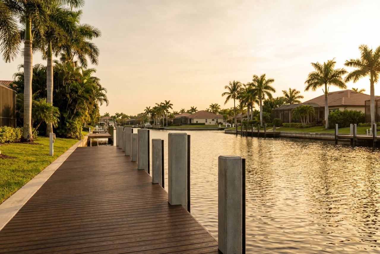 Custom Docks on Port Royal's estate-grade canals off Naples Bay by Florida Lifts & Docks
