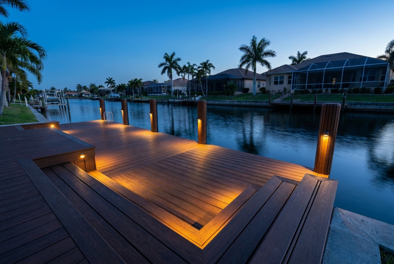 Dock Lighting on Cape Coral's 400-plus miles of gulf-access and freshwater canals by Florida Lifts & Docks
