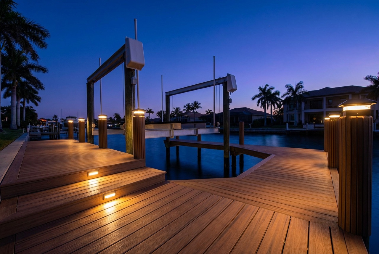 Dock Lighting on Marco Island's deep gulf-access canals and open-water lots by Florida Lifts & Docks