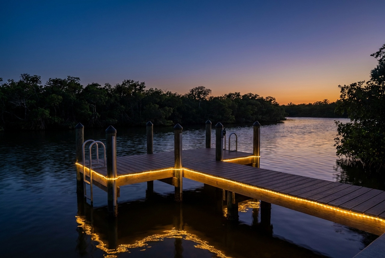 Dock Lighting on Sanibel Island's bayside canals and mangrove shoreline by Florida Lifts & Docks