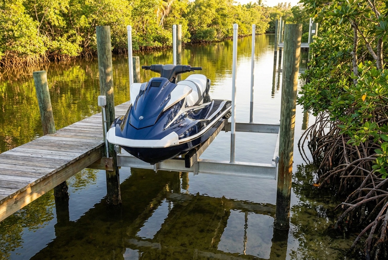 Jet Ski Lifts on Sanibel Island's bayside canals and mangrove shoreline by Florida Lifts & Docks