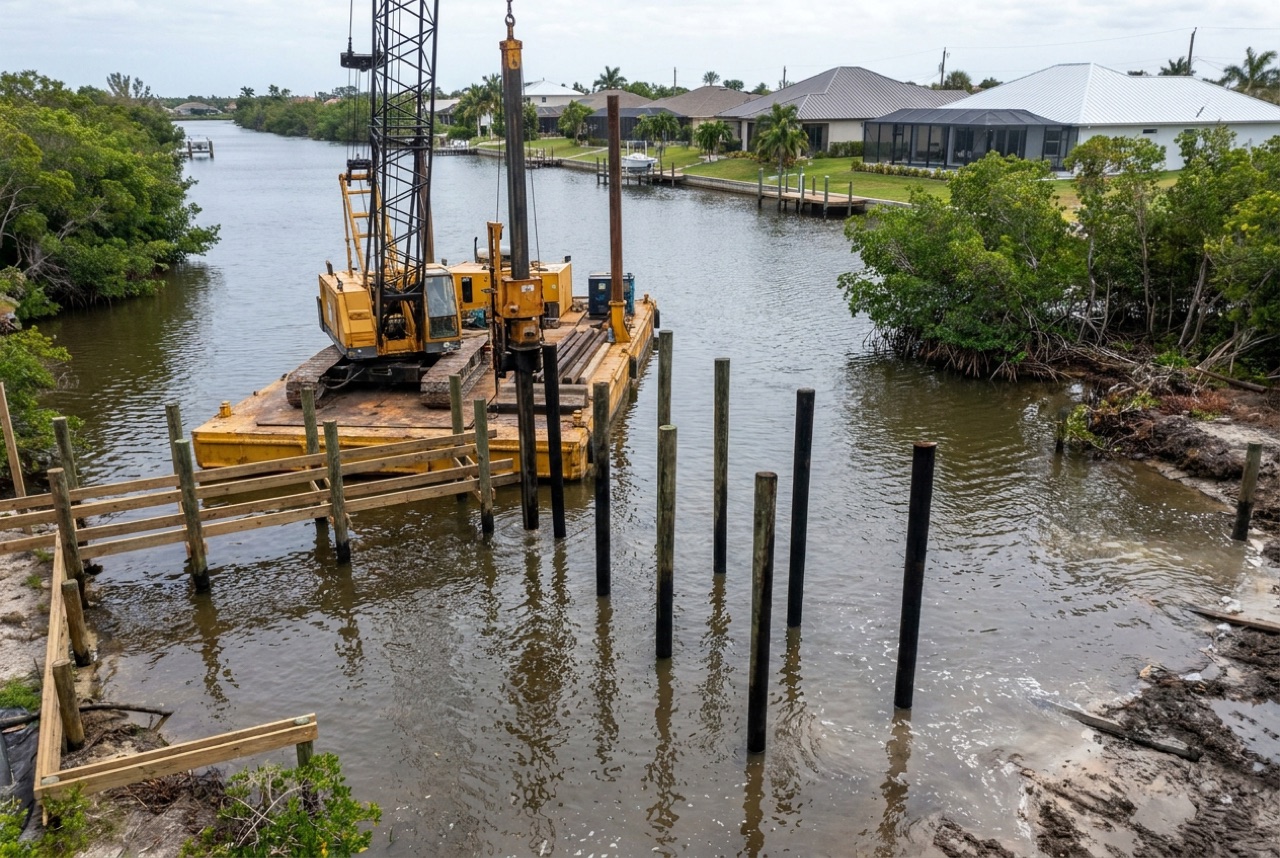 Pilings on the Imperial River and Estero Bay frontage in Bonita Springs by Florida Lifts & Docks