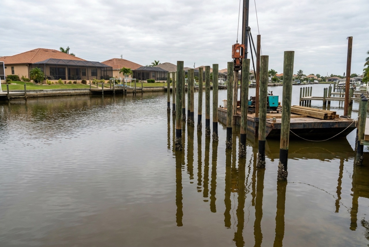 Pilings on Cape Coral's 400-plus miles of gulf-access and freshwater canals by Florida Lifts & Docks