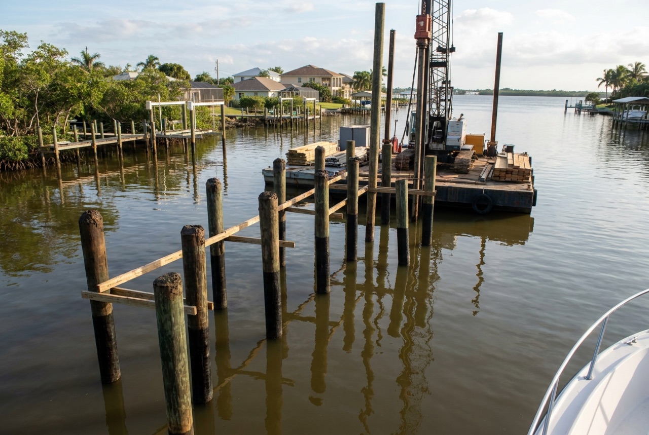 Pilings on the Caloosahatchee River and its tributary canals in Fort Myers by Florida Lifts & Docks