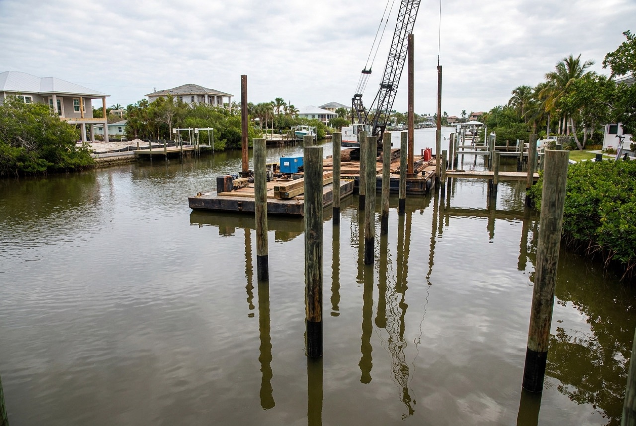 Pilings on Estero Island's back-bay canals and Matanzas Pass by Florida Lifts & Docks