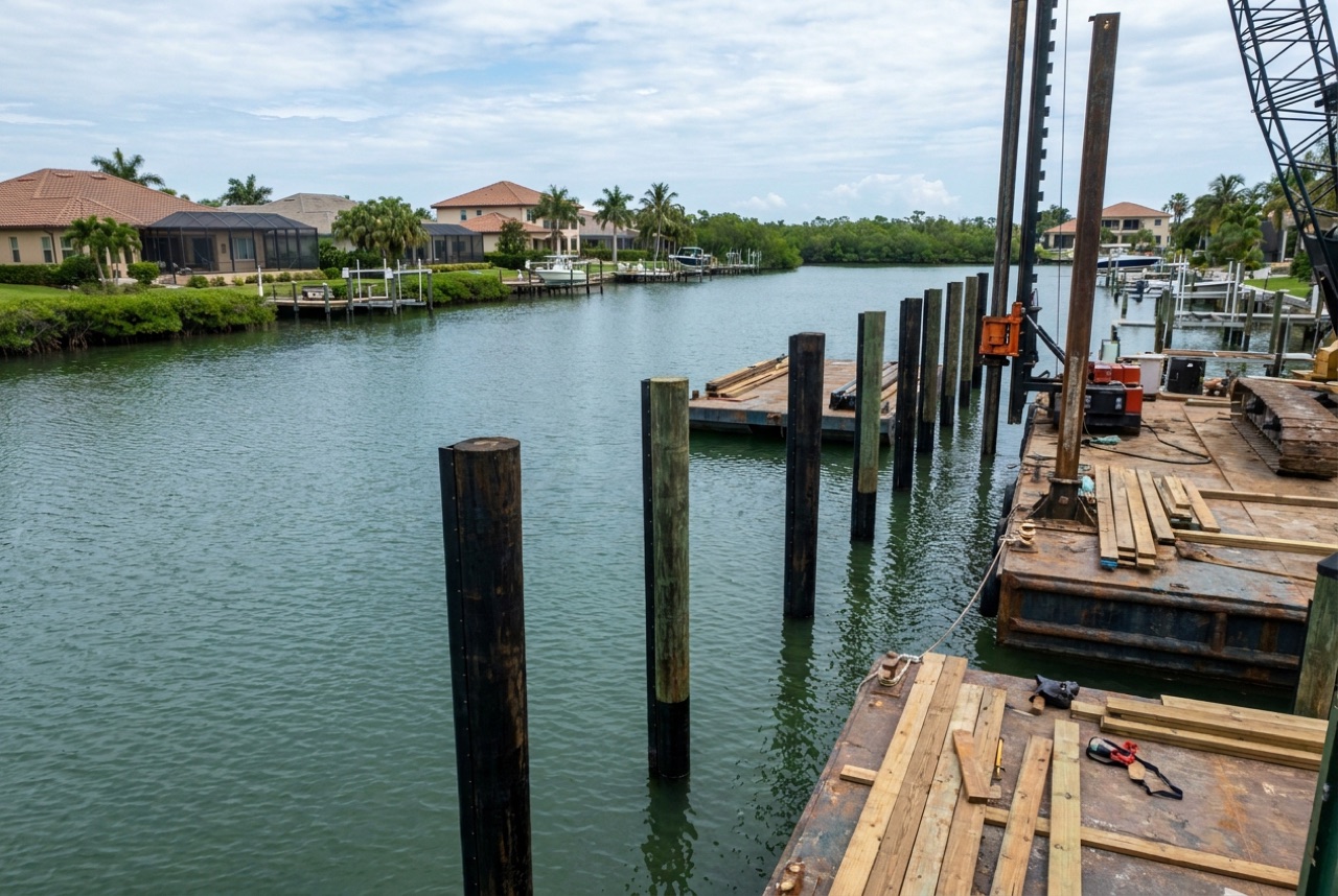 Pilings on Marco Island's deep gulf-access canals and open-water lots by Florida Lifts & Docks