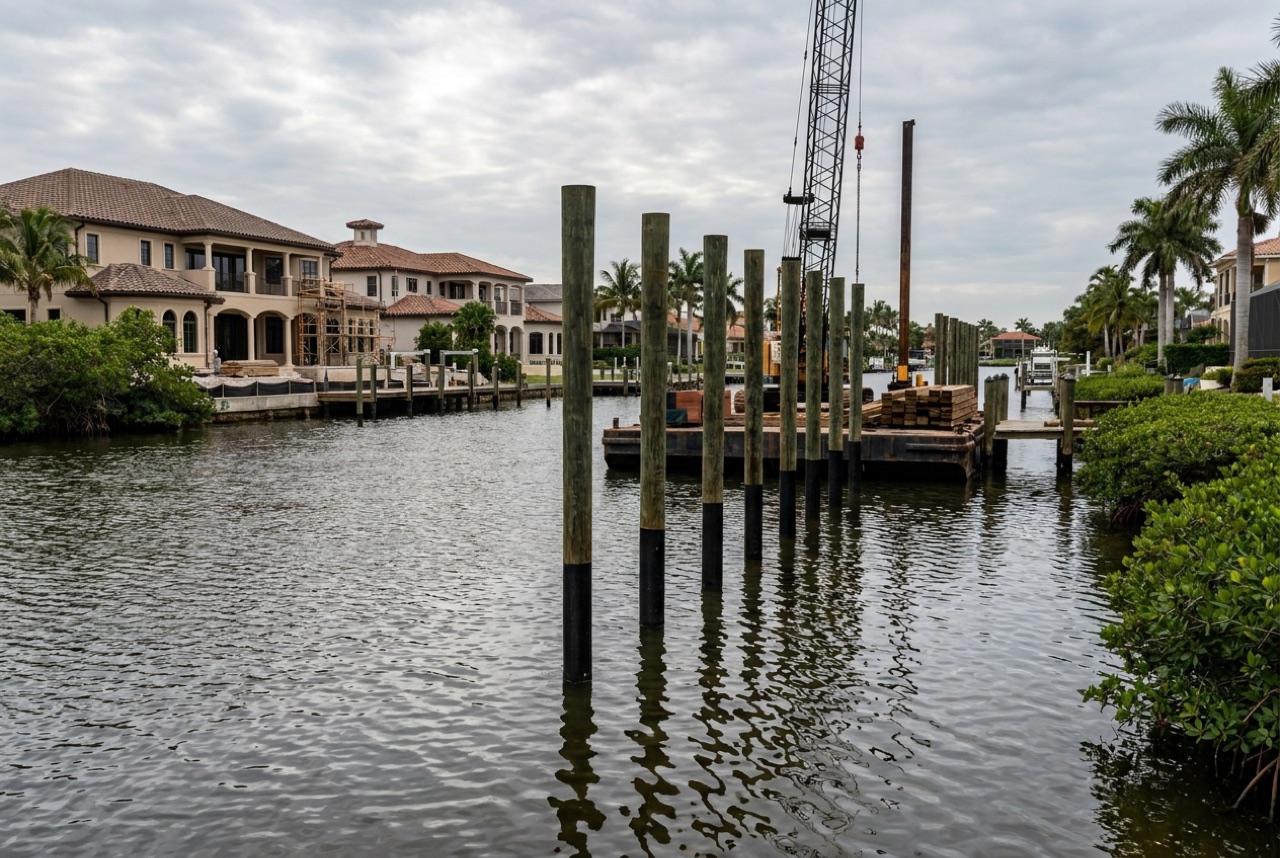 Pilings on Naples' bayfront, Port Royal estates, and gulf-access canals by Florida Lifts & Docks