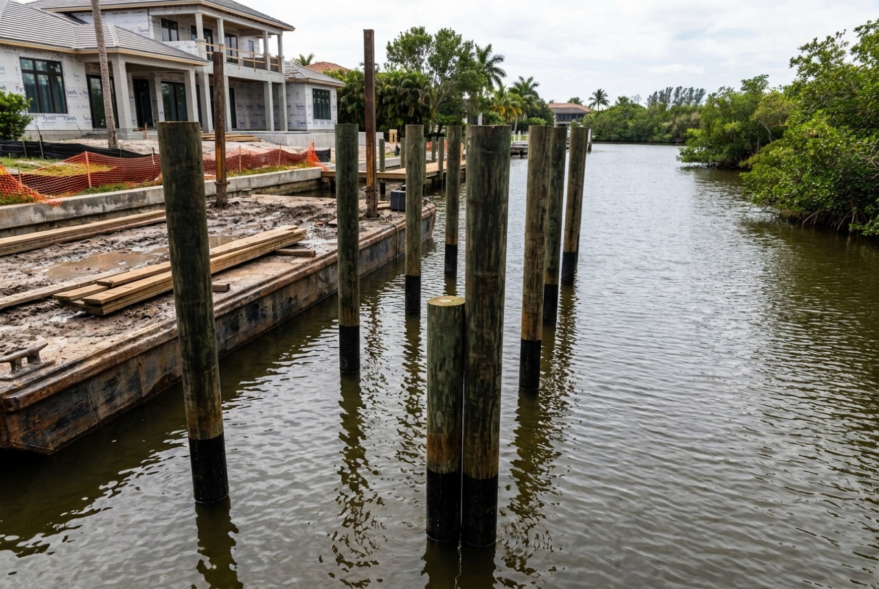 Pilings on Port Royal's estate-grade canals off Naples Bay by Florida Lifts & Docks