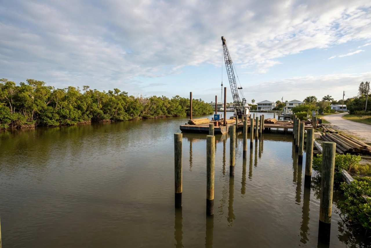 Pilings on Sanibel Island's bayside canals and mangrove shoreline by Florida Lifts & Docks