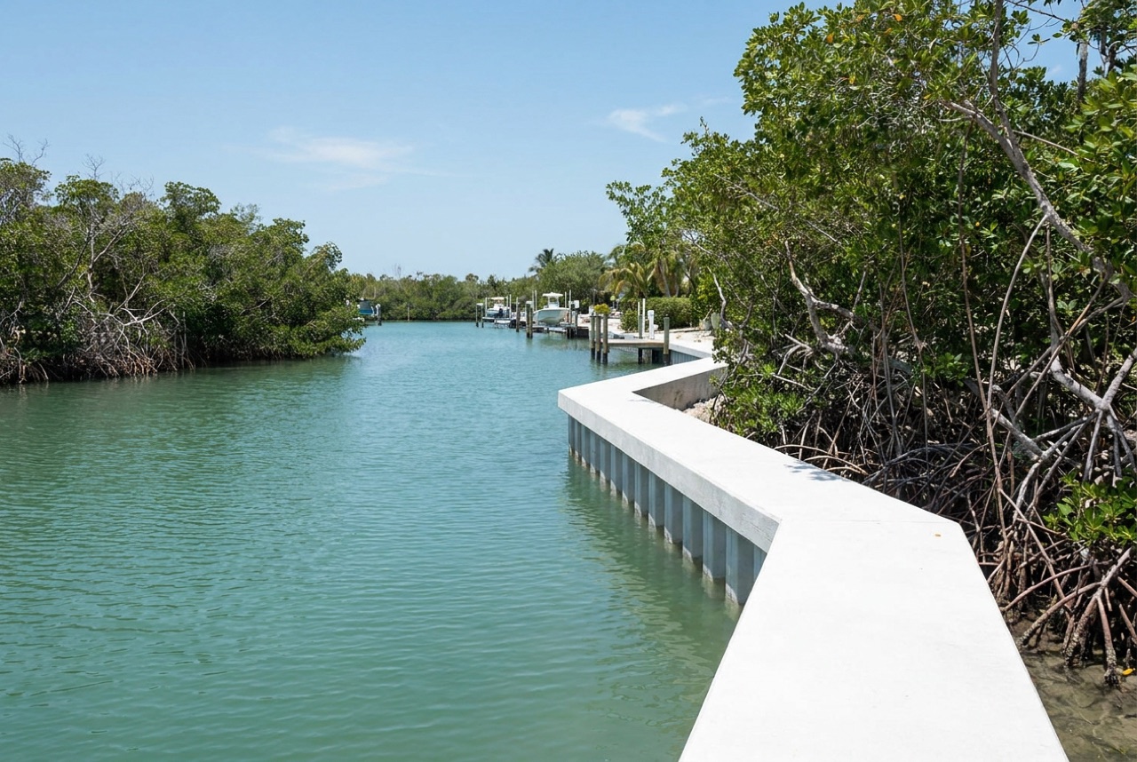 Seawalls on Sanibel Island's bayside canals and mangrove shoreline by Florida Lifts & Docks